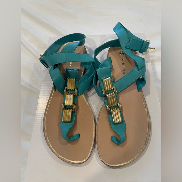 NEW Trina Turk Blue and Gold Sandals with Elegant Details - Picture 1 of 5
